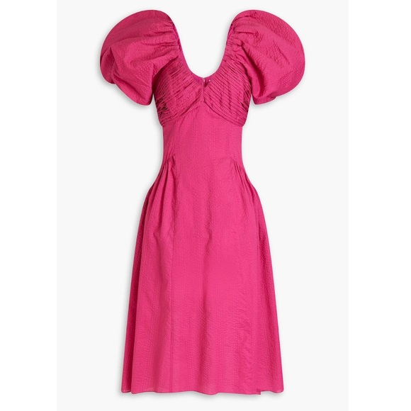 FRAME Pintucked Midi Dress with Puff Sleeves Fuschia Pink size Small - Picture 4 of 12